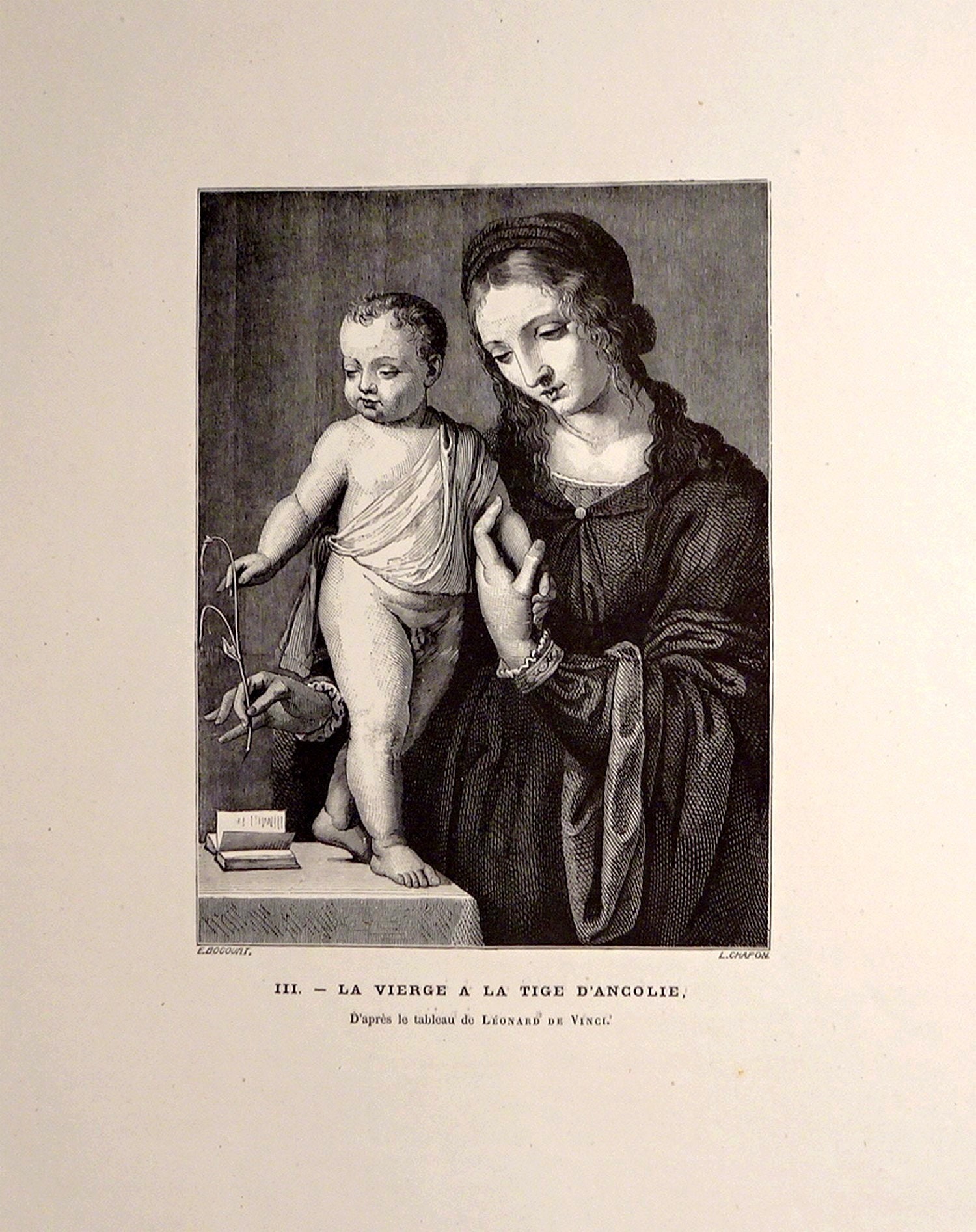 The Virgin With The Stem Of Aquilegia. Large Antique 1855 French Religious Illustration Plate From T