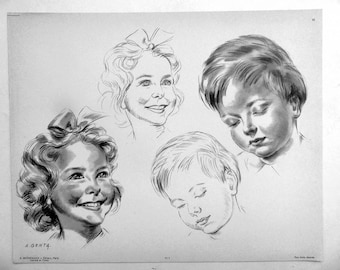 Vintage Original drawing portrait print.  Learn to draw Print . The ART of Drawing 1950. Art print.  Fine art.  Fine art. Vintage portrait.