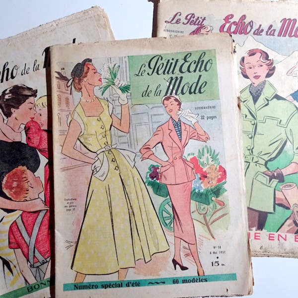Lot of 3 Vintage Fashion Magazine " Le Petit Echo de la Mode " 1950s. Vintage French women Magazine. with knitting Pattern, Embroidery .