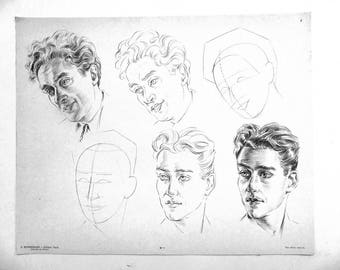 Vintage Original drawing portrait print.  Learn to draw Print . The ART of Drawing 1950. Art print.  Fine art. Vintage portrait.