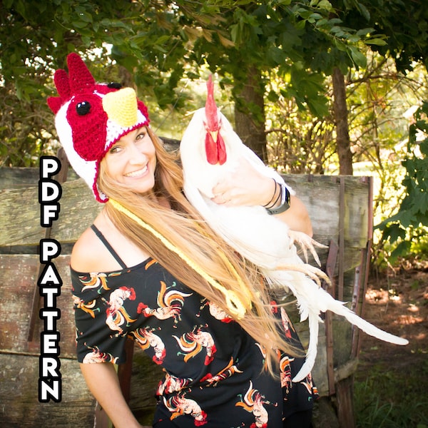 Rooster Hat Crochet PATTERN DIGITAL PDF, Chicken Hat Pattern Instant Download, Child and Adult Size Chicken Hat Crochet Pattern