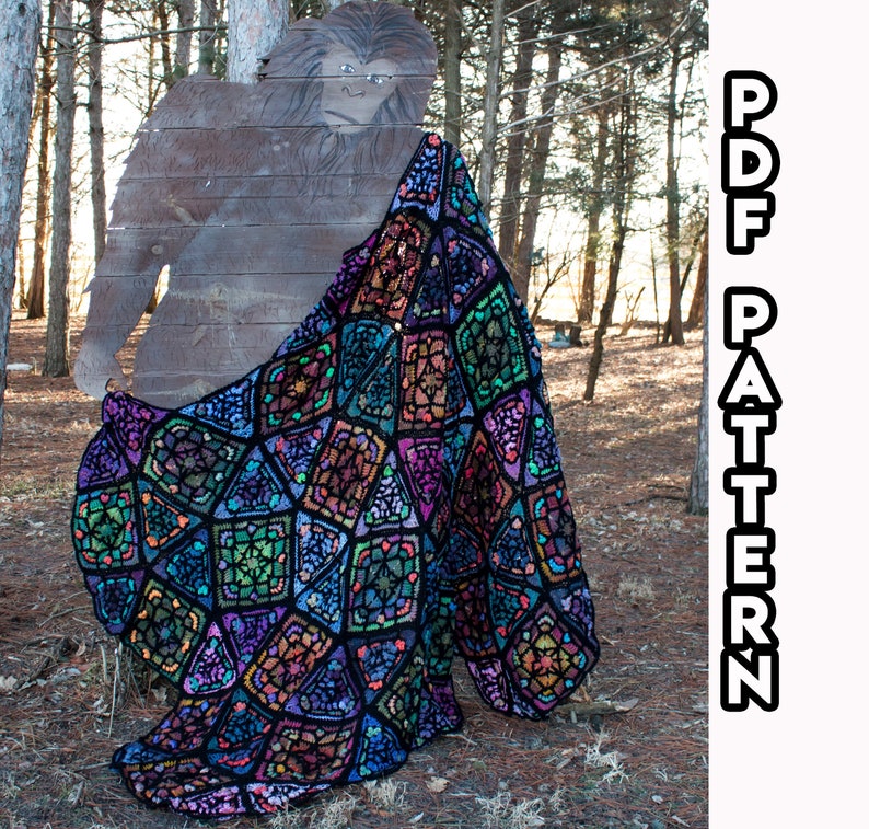 Crochet Pattern Dragon Eye Tessellating Stained Glass Afghan, PDF Crochet Squares and Triangles Pattern, Squares and Triangle Tessellation image 1