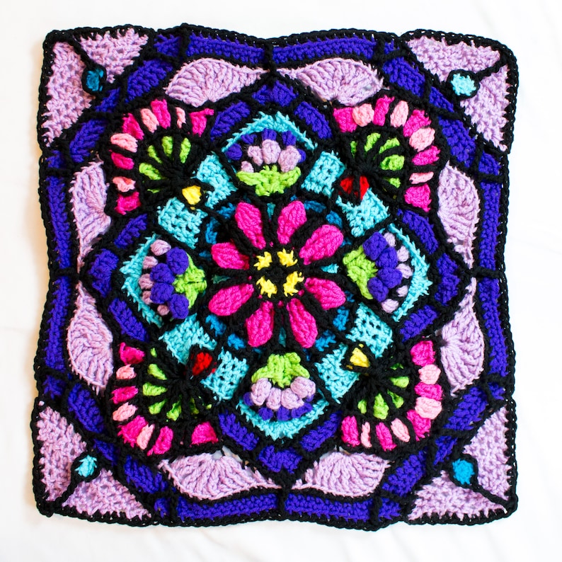 Crochet Pattern Dragon Flower Stained Glass Square PDF DIGITAL DOWNLOAD, Flower Stained Glass Crochet Pattern, Crochet Square Pattern image 2
