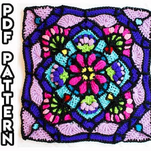 Crochet Pattern Dragon Flower Stained Glass Square PDF DIGITAL DOWNLOAD, Flower Stained Glass Crochet Pattern, Crochet Square Pattern image 1