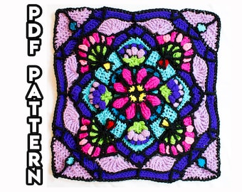 Crochet Pattern Dragon Flower Stained Glass Square PDF DIGITAL DOWNLOAD, Flower Stained Glass Crochet Pattern, Crochet Square Pattern