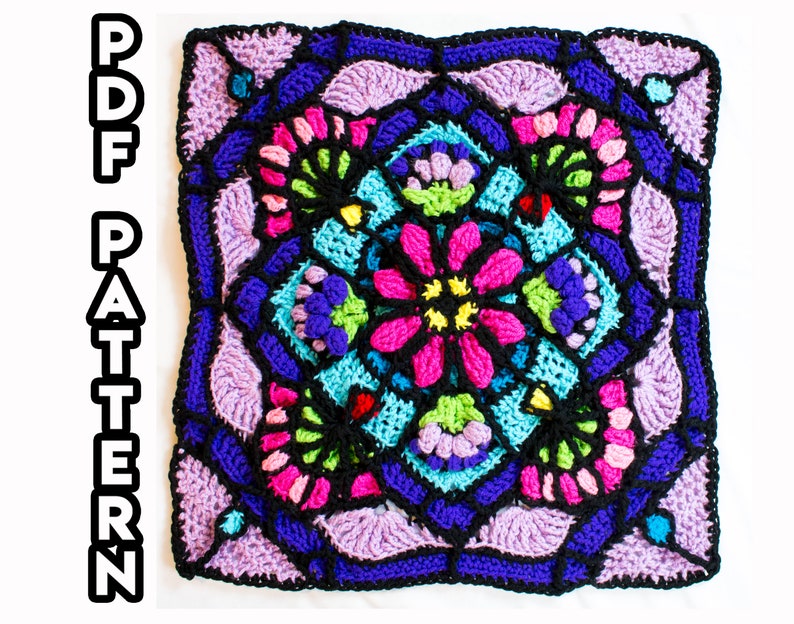 Crochet Pattern Dragon Flower Stained Glass Square PDF DIGITAL DOWNLOAD, Flower Stained Glass Crochet Pattern, Crochet Square Pattern image 1