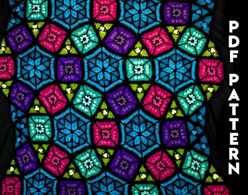 Crochet Pattern Dear Grammy Tessellating Shapes Stained Glass Afghan PDF, Stained Glass Crochet Pattern, Tessellating Shapes Digital File image 1