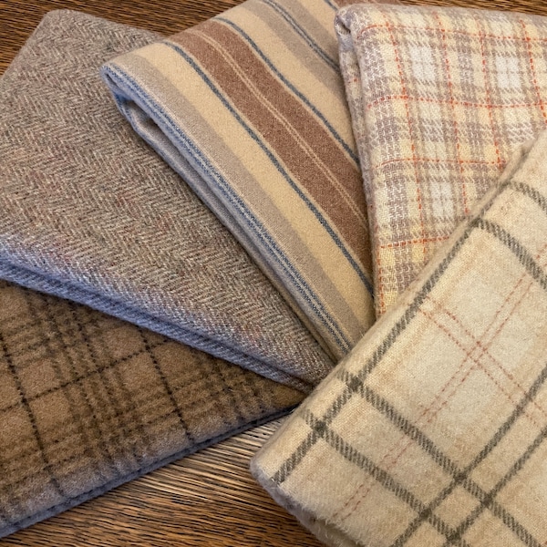 Choice of 5 different Wool Fat 1/4 yd pieces, Light Neutral/Tan Plaids, 100 percent wool, Felted/Fulled