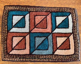 Geometric Hand-Hooked Mini-Rug/Mat made with wool strips on a Monks Cloth Foundation, 13" x 17"