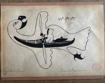 Stampa Inuit Enook Manomie "Kayak in uccello" firmata, arte Inuit del Cape Dorset