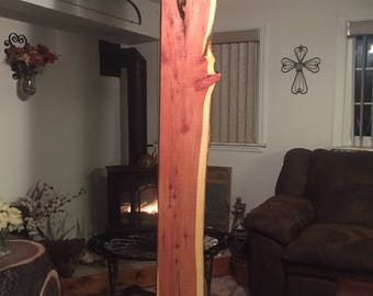 Red Cedar Thick Premium Figured Mantelpiece, Natural / Live Edge / Over 7 Feet Long Tree Bark Edge Shelf Slab- J&R