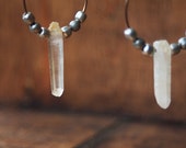 Quartz crystal earrings, Crystal hoop earrings, Bronze earrings, Milky quartz, Crystal jewellery, healing jewellery, Wisdom sage jewellery