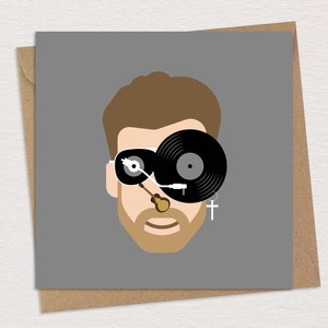 Biglietto di auguri di compleanno di George Michael, biglietto d’auguri con caricatura pop anni ’80, cimeli musicali pop art