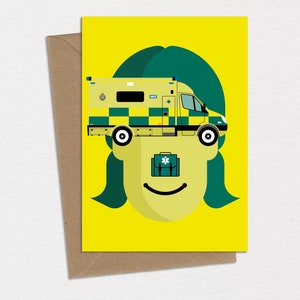 Biglietto di auguri di compleanno per paramedico Pambulance NHS, caricatura dell'operaio chiave