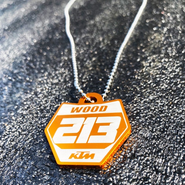 Aluminum Dirt Bike Custom Number Plate Necklace Keychain Team KTM Racing Orange Anodized Personalized Motocross Number Name Chain Pendants