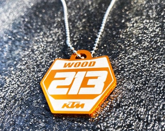 Custom KTM Racing Number Plate Necklace: Personalized Anodized Aluminum Motocross Pendant