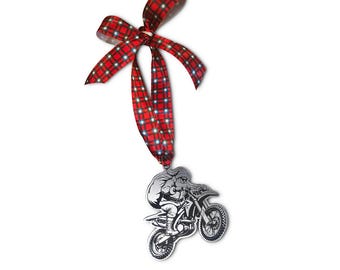 Motocross Santa Ornament: Custom Racing Number, Dirt Bike Wheelie