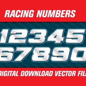 May include: Racing numbers 1 through 9 in a silver metallic font with a blue outline on a black and blue carbon fiber background.  The text "RACING NUMBERS" and "DIGITAL DOWNLOAD VECTOR FILE" are also included in the image.
