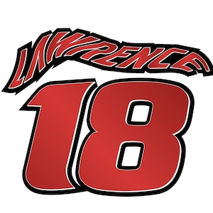 May include: A graphic design featuring the name "LAWRENCE" in red, outlined in black, above the number "18" in red with a black outline. The design is set against a white background.