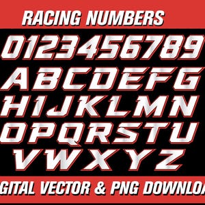 以下が含まれることがあります： RACING NUMBERSというタイトルのデジタルグラフィックセットで、0から9までの数字と大文字のアルファベットがすべて含まれています。各文字はメタリックシルバーの仕上げ、太い黒の輪郭、そして黒い背景に映える細い赤の縁取りでデザインされています。