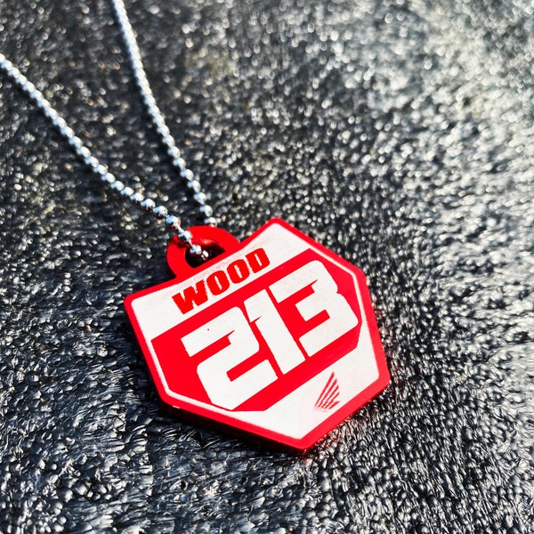 Aluminum Dirt Bike Custom Number Plate Necklace Keychain Team Honda Anodized Red Personalized Motocross Racing Number Name Chain Pendants