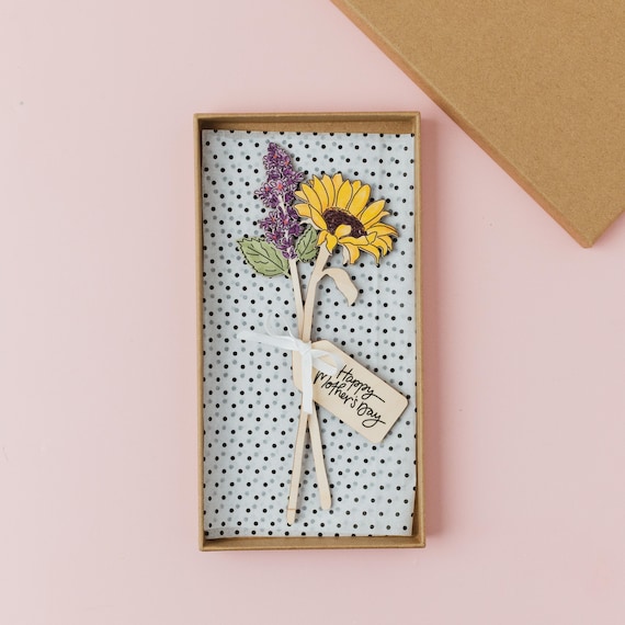 Personalized Mother's Day Wooden Flower Bouquet Gift Box, Engraved Tag, Sunflower & Lavender