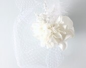 White & Pearl Birdcage Veil - bridal accessory / handmade fabric flowers / vintage bride