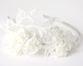 White Fabric Flower and Embellished Lace Headband - bridal accessory / handmade fabric flowers / embellished lace