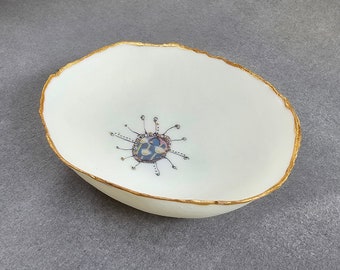 Porcelain Tiny Dish #19 | contemporary | hand painted rim | Ring Bowl | Ring Dish | Flower Design | White | Handmade | Special Gift | Unique