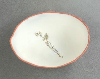 Porcelain Tiny Dish #17 | contemporary | hand painted rim | Ring Bowl | Ring Dish | Flower Design | White | Handmade | Special Gift | Unique