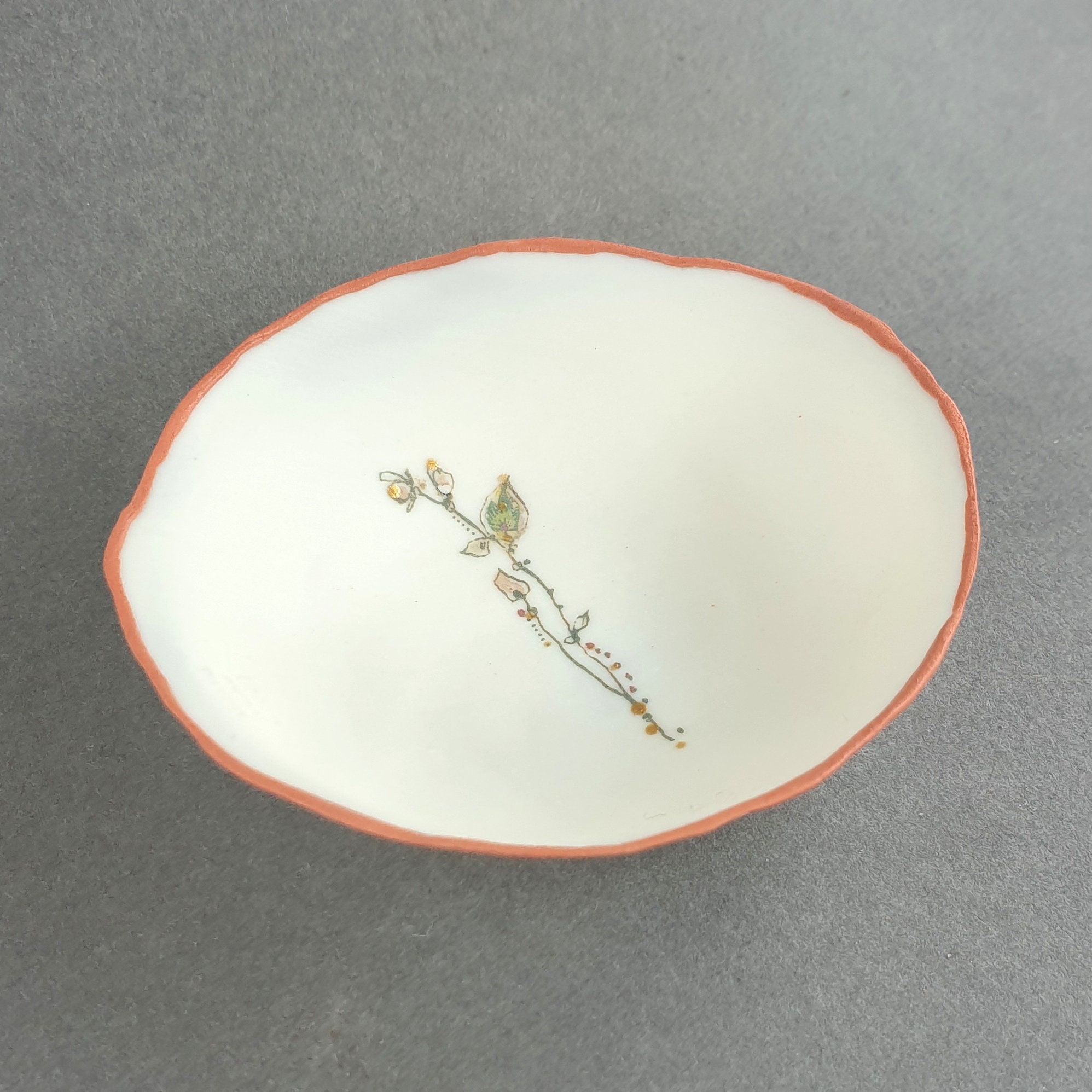 Porcelain Tiny Dish #17 | contemporary | hand painted rim | Ring Bowl | Ring Dish | Flower Design | White | Handmade | Special Gift | Unique