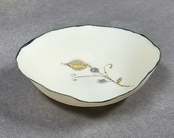 Porcelain Tiny Dish #04 | contemporary | hand painted rim | Ring Bowl | Ring Dish | Flower Design | White | Handmade | Special Gift | Unique