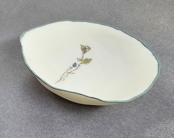 Porcelain Tiny Dish #28 | contemporary | hand painted rim | Ring Bowl | Ring Dish | Flower Design | White | Handmade | Special Gift | Unique