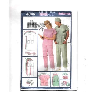 May include: A Butterick sewing pattern for professional uniform basics, featuring a pink and green scrub set. The pattern includes illustrations of the scrubs and a model wearing the scrubs. The pattern is labeled 4946.