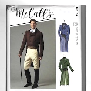 May include: McCall's sewing pattern featuring a man in a brown jacket, cream-colored breeches, and black boots, holding a cane. The pattern includes illustrations of a blue and a green coat. The text "McCall's" is at the top.