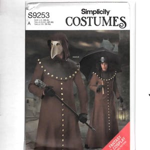 May include: Simplicity Costumes sewing pattern S9253 for sizes XS-XL. The envelope features a brown long-sleeved coat with gold buttons, a plague doctor mask, a black umbrella, and a cane. The text reads Simplicity COSTUMES and FANTASY & COSPLAY.