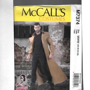 May include: McCall's Costumes pattern M7374. The pattern features a man wearing a tan trench coat, black shirt, and black pants. The size is MWW (38-40-42-44).