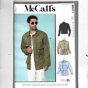 May include: McCall's sewing pattern M8371 featuring multiple jacket styles. The pattern includes options for a black, olive green, and light blue jacket. The image shows a person wearing an olive green jacket. Designed and printed in the USA.