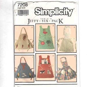 May include: A Simplicity 7208 sewing pattern envelope for Abbie's Jiffy Six Pack aprons. The front displays six different apron designs featuring various prints including chili peppers, a flamingo, a barn, a cow, and seashells in one size.