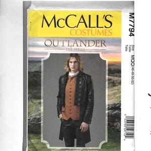 May include: McCall's Costumes Outlander sewing pattern. The package features a man in a black leather coat, orange vest, and black pants. The pattern number is M7794, with size MQQ (46-48-50-52).
