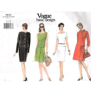 May include: Vogue basic design sewing pattern 1830. The pattern features illustrations of four different women's outfits: a black suit, a green dress, a white dress, and a red suit. The pattern size is 12-14-16.