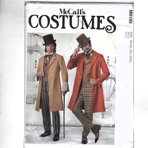 May include: McCall's Costumes pattern featuring two men in Victorian-era outfits. One wears a tan coat, striped pants, and a top hat. The other dons a red coat, plaid pants, and a brown top hat. The pattern includes sizes XN (XL-XXL-XXXL).