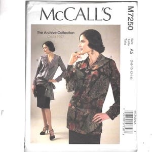 May include: McCall's sewing pattern featuring vintage fashion designs from the Archive Collection, circa 1927. The pattern includes illustrations of two women wearing long-sleeved blouses and skirts. The pattern size is A5, fitting sizes 6-8-10-12-14.