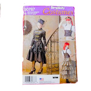 May include: Simplicity Costumes sewing pattern for a steampunk costume. The pattern includes a skirt, corset, and jacket. The pattern is for sizes 12-14, 16-18, 20-22, 24-26, and 28-30.