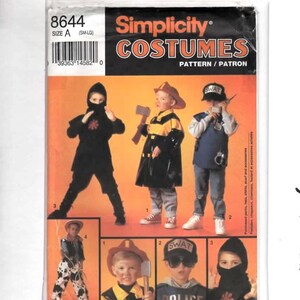 May include: Simplicity Costumes pattern for children's costumes. The package features images of children dressed as a ninja, firefighter, and police officer. The package includes the number 8644 and size A (SM-LG).