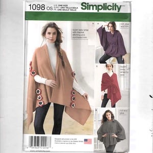 May include: Simplicity sewing pattern 1098 OS featuring a wrap with floral embellishments. The pattern includes instructions for a super easy wrap with blanket stitching and purchased trim. The pattern is designed and printed in the USA.