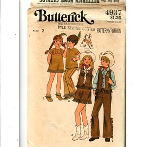 May include: A vintage sewing pattern for children's costumes. The pattern is for a Native American and a cowboy costume. The pattern is from Butterick, the fashion one, and is number 4937. The pattern is for size 2.