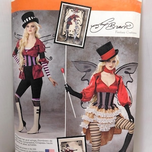 May include: Simplicity sewing pattern for fantasy costumes. The pattern features illustrations of a woman in a red and black outfit with a top hat and wings. The pattern includes sizes 14-22.