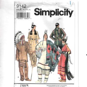 May include: A Simplicity 9142 sewing pattern envelope featuring illustrations of five individuals wearing various styles of fringed garments, including a feathered headdress, a patterned blanket, and decorative belts, with the text Simplicity 9142.