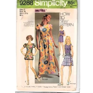 May include: Simplicity sewing pattern 9288 featuring a maxi-length dress and mini-length skirt. The pattern includes sizes for young juniors and teens. The cover shows illustrations of the finished garments and includes the text "How to Sew Pattern".